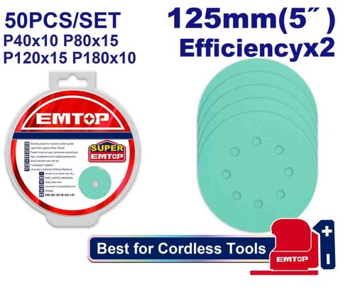 125mm Sanding Sheet Set 50pcs P40–P180 for Random Orbital Sander Wood Wall Paint Metal Glass